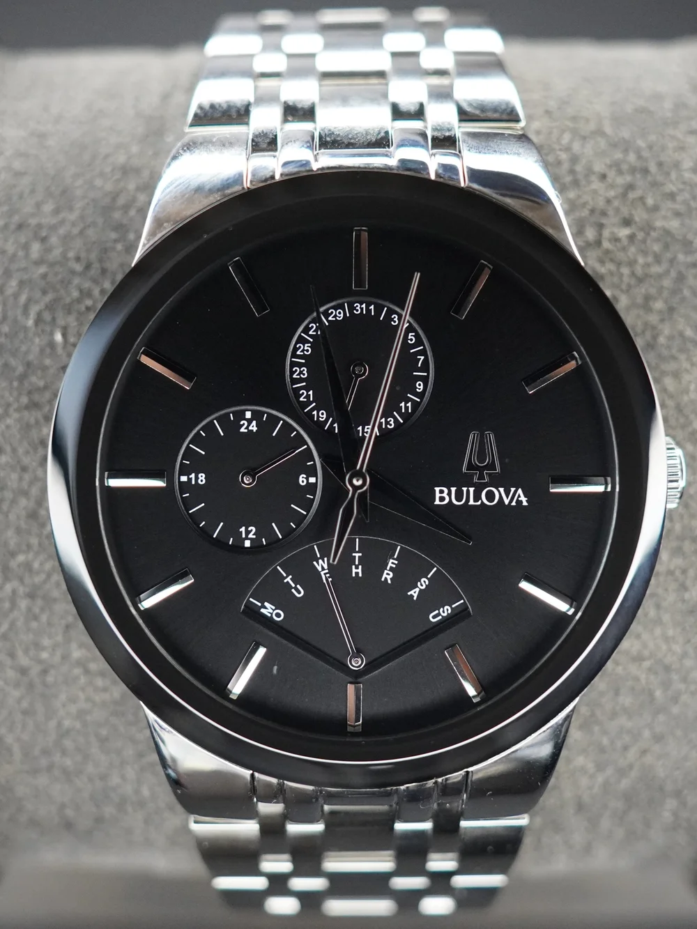 Bulova 96C144 Quartz Multifunction Day-Date Black Dial Stainless Steel Watch